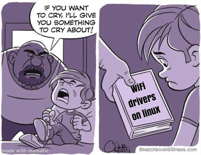Meme showing a person giving their a child a book on 'Wifi drivers on linux' as something to cry about